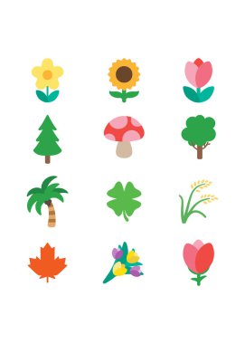 Floral Icons Vector Set Collection hisse senedi çizimi. Doğa, Çiçek Simgesi Vektör Kümesi. Ağaçlar, Çiçekler, Yapraklar Yapraklar Çizgi Film Sembolleri, Emojiler, Duygular Koleksiyonu. Vektör illüstrasyonu.
