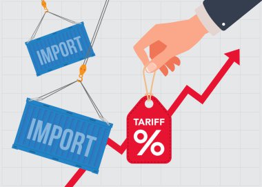 Mavi nakliye konteynerleri ve yükselen trend grafiğiyle artan ithalat tarifeleri konsepti. Basit bir tasarım. Düz stil vektör çizimi. hisse illüstrasyonu