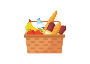 Yiyecek stoku resimli piknik sepeti. Hasır piknik sepetinin, beyaz arka plan resimlerinde izole edilmiş çeşitli yiyeceklerle vektör karikatür çizimi