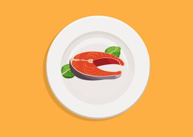 Tabakta somon bifteği. Sağlıklı yemek menüsü stok illüstrasyonu simgeleri