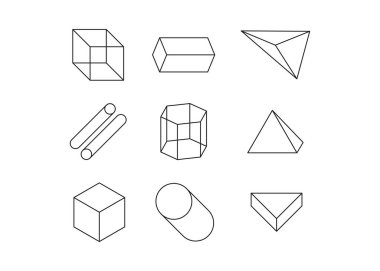 İzometrik manzaralı devasa üç boyutlu geometrik şekiller. Beyaz arkaplanda izole edilmiş vektör çizgisi nesneleri. Matematik ve geometri bilimi. vektör Resimleri.