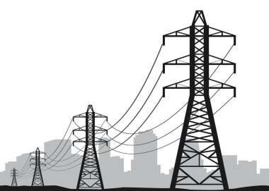 Yüksek voltaj iletim sistemleri. Elektrik direği. Elektrik hatları. Enerji direkleri. Birbirine bağlı bir elektrik ağı. Stok illüstrasyonu