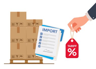 İthalat vergisi ve gümrük tarifeleri. İthalat vergisi yüzdesini gösteren bir etiket tutan işadamı hisse senedi resimlerini ödedi 