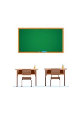 Okul yazı tahtası ve masaları. Boş karatahta, sınıf ahşap masası ve izole edilmiş çizgi film vektörü illüstrasyon tablosu