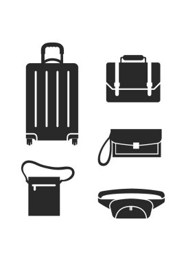 Siluet çantalar ve bavullar vektör çizimi. Seyahat çantalarının çeşitli stillerinde stok çizimleri