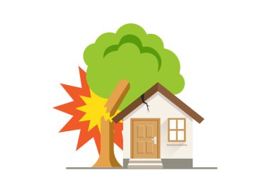 Evin çatısında ağaçlar devrildi. mülkiyet sigortası vektörü Illustration hisse çizimi.