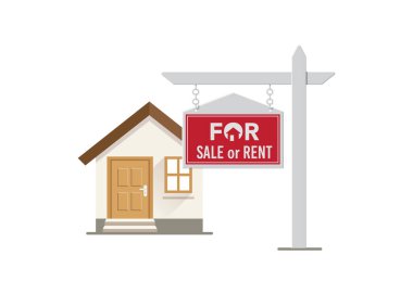 Ev satışı ya da kiralık. Satılık ya da kiralık ev kavramı. Vektör çizimi. Stok illüstrasyonu