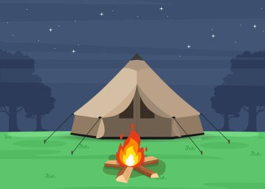 Sıcak bir kamp ateşiyle parlayan çadır geceyi aydınlatıyor. Huzurlu sahnenin üzerinde yıldızlar parıldıyor.