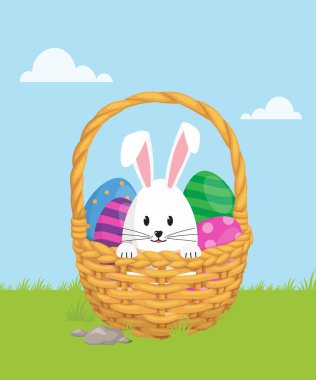 Paskalya yumurtası Baske stok illüstrasyonu. Kahverengi Paskalya Sepeti 'nin vektör çizimi. Beyaz arkaplanda renkli renkli yumurtalar izole edilmiş.