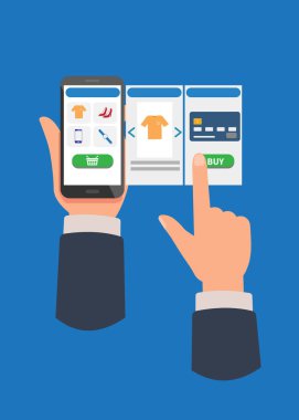 Farklı kullanıcı arayüzü elemanlarına sahip çevrimiçi alışveriş cep telefonları. Vektör çizimi. Hisse Çizimi