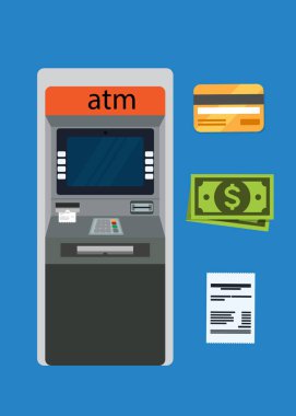 Bankadaki ATM ya da ofis vektör konsepti. Vektör illüstrasyon hisse senedi