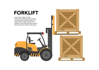 Tahta kutulu forklift. Karton kutular taşıyan bir forklift kamyonu, malları taşımak için kullanılan bir tür depo ekipmanıdır. Vektör çizimi. Stok illüstrasyonu.