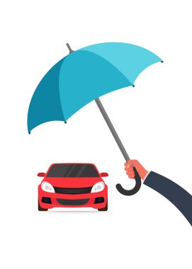 Arabayı koruyan şemsiyeli bir el. Araba sigortası tasarımı. Vektör çizimi. Stok illüstrasyonu