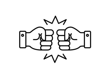 İki elle yumruk çarpışma çizgisi vektör simgesi. İki El Yumruk Bump çizgisi simgesi. Yumruk yumruğa selamlaşma. Saygı, Savaş, Çatışma ve Tokalaşma konsepti. İki yumruk arasında yumruk. Hisse Çizimi