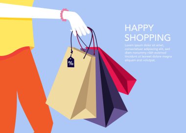 İyi alışverişler. Düz tasarım bir resimde alışveriş torbaları tutan bir kadın..