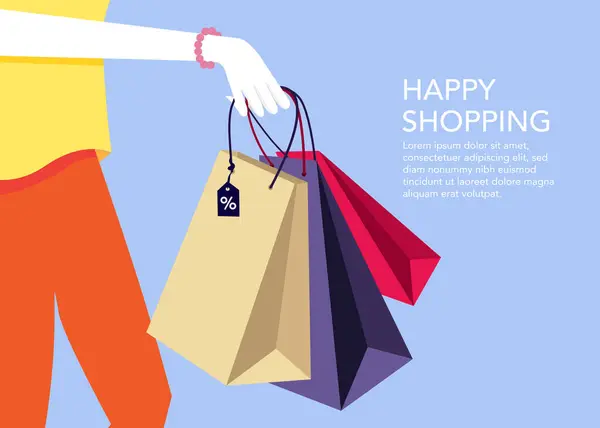 İyi alışverişler. Düz tasarım bir resimde alışveriş torbaları tutan bir kadın..