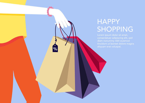 Счастливого шоппинга. Женщина держит сумки для покупок на плоской иллюстрации.