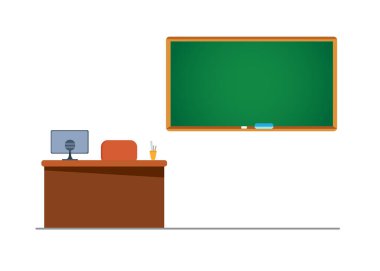 Tebeşir tahtası ve öğretmenin masa çizimi. Boş karatahta, öğretmen masası ve sandalye izole edilmiş çizgi film vektör illüstrasyon stoku