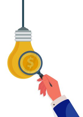 Eller ampullerden para kazanmak için büyüteç kullanır. Yatırım sezgileri, iş konsepti vektör illüstrasyonu. hisse illüstrasyonu.
