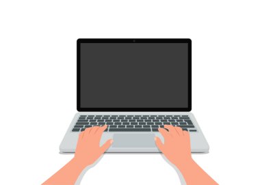 Eller boş ekranlı dizüstü bilgisayarın klavyesinde. Vektör illüstrasyonu. 