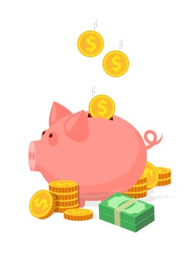Bozuk para vektör resimli kumbara. Tasarruf, yatırım ve birikim parası. Düz stil domuz. hisse illüstrasyonu