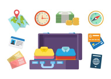 Tatil ikon illüstrasyonunu sağlar. Seyahat malzemeleri seti. Tatil ya da yolculuk için koleksiyon. Bavul hazırlıyorum. Vektör illüstrasyon hisse çizimi