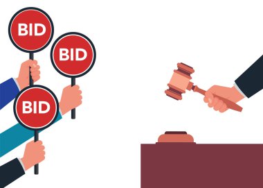 Açık arttırma, el küreği tokmağı rekabetçi konsepti sunuyor. Vektör grafik tasarımı stok illüstrasyonu