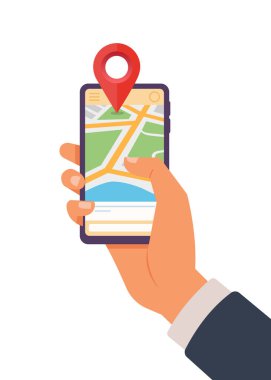 Harita ve işaret ile el ele tutuşan telefon. Mobil GPS navigasyon ve izleme konsepti. Dokunmatik ekran akıllı telefon düz vektör çizgi film illüstrasyonunda konum izleme uygulaması. Stok illüstrasyonu
