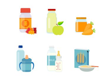 Bebek maması ve vitaminlerinin vektör çizimleri. Hisse Çizimi