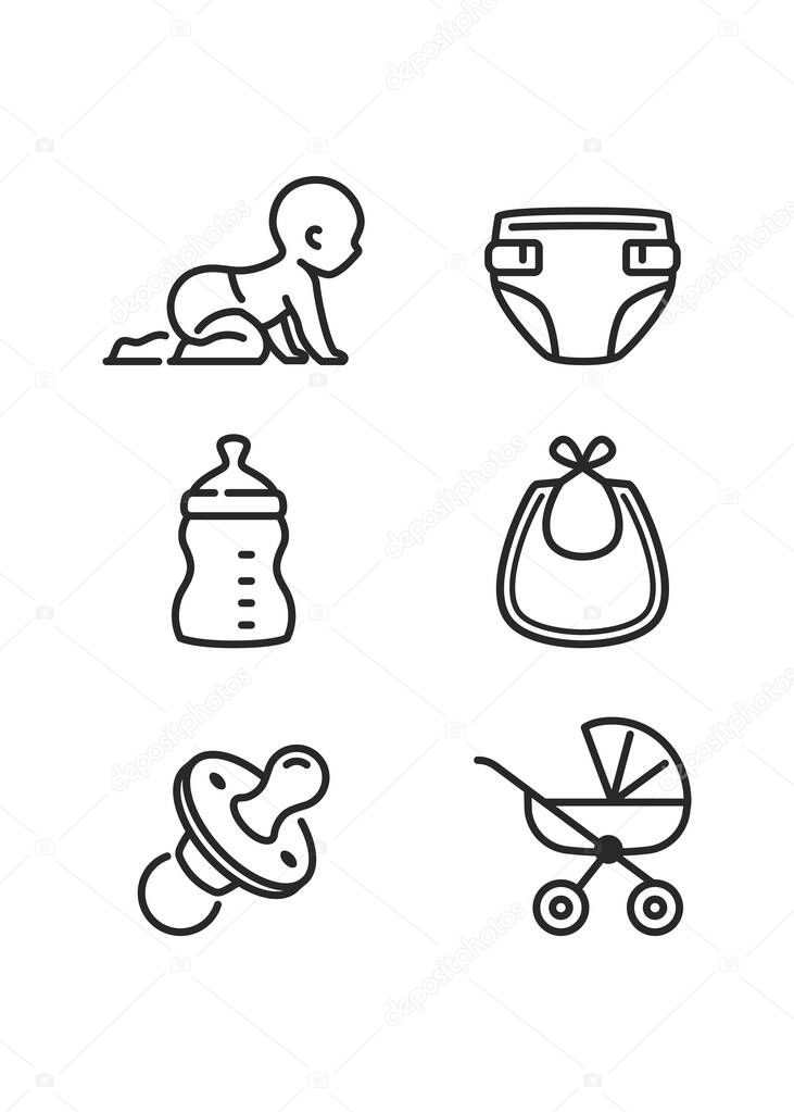 Baby and Child Care Stroked Icon Set stock illustration.