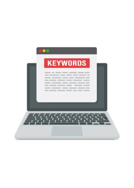 Anahtar kelime araştırması. Arama motoru optimizasyonu, içeriği ve sorgulama analizi kavramı. Veri sıralama servisi ve dizüstü bilgisayarlı SEO resimleme 