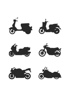 Motosikletlerin simgelerini ayarla. Motosikletler ve scooterlar siyah siluetler. hisse illüstrasyonu