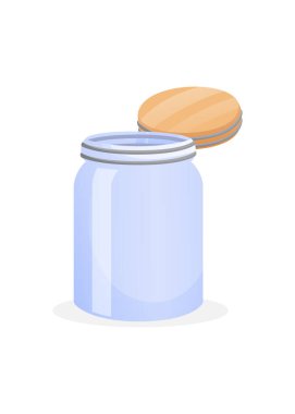 Cam kavanoz ya da konserve için cam kap. Boş mutfak bardakları. Ayrı kapaklı, açık mavi ve beyaz tonlu cam kavanoz, basit bir illüstrasyon. Stok illüstrasyonu.