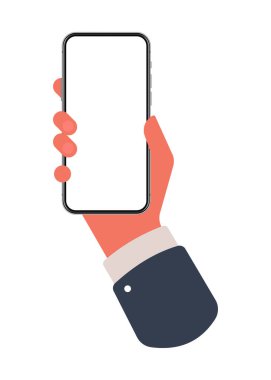 Cep telefonu vektör şablonu. Derin arka planda boş ekran ile el ele tutuşan akıllı telefon. Düz stil. Renk stoku illüstrasyonu. 