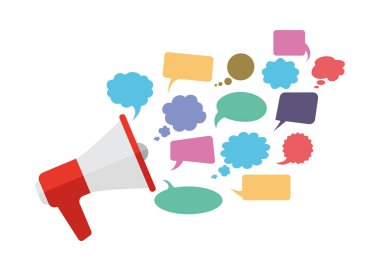 Balon vektör illüstrasyonlu megafon ya da megafon tutan bir el. hisse illüstrasyonu