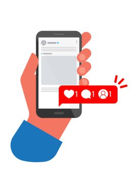 Yeni sosyal medya bildirisine sahip akıllı telefonları ekranda tutuyor. Kalp, yorum, takipçi sembolü gibi. Vektör şablonu resimleme