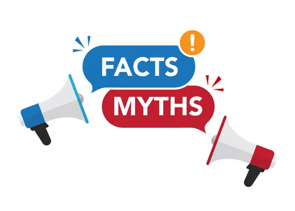 Baloncuklar efsanelere karşı gerçekler. Kırmızı efsaneli megafon ve mavi gerçeklerin konuşma baloncuğu. Vektör İllüstrasyonu. Stok illüstrasyonu.