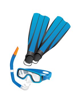 Şnorkelle yüzen ekipman. Mavi scuba maskesi ve şnorkel dalış paletleri beyaz arkaplan resimlerinde izole edilmiş dalgıç ekipman vektör çizimi