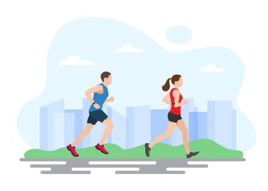 Woman and a man run in a park. Professional athletes run outdoors. Sports training, active recreation, healthy lifestyle. Vector illustration