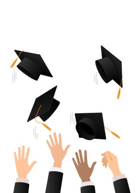 Mezuniyet elbisesi giymiş öğrenciler mezuniyet şapkalarını havaya fırlatıyor, akademik şapkalar takıyor, gökyüzüne havan topu fırlatıyor düz çizgi film çizimleri çiziyor.