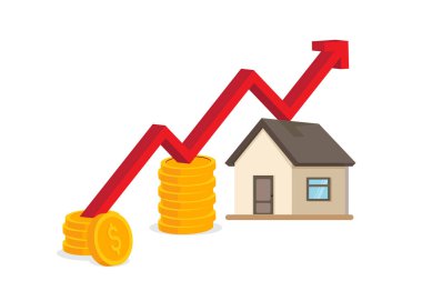 Konut maliyetini artırma kavramı. Gayrimenkul talebi yüksek. Kira ve ipotek oranlarının artması. Apartman satışı. hisse illüstrasyonu