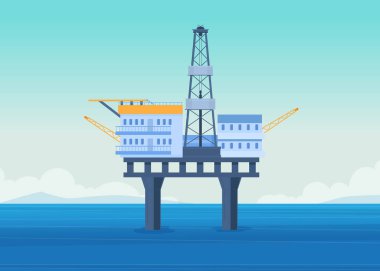 Offshore petrol platformu çizimi, açık mavi arkaplan, stilize tasarım, düz vektör.