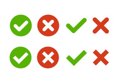 Beyaz arkaplanda izole edilmiş haçlar ve işaretler var. Çember halinde işaretle ve çapraz simgeleri işaretle. Yeşil işaret, kırmızı işaret simgesi seti. Çember halinde işaretle ve çapraz simgeleri işaretle. Beyaz arka planda izole edilmiş. Düzenlenebilir Vuruş. Vektör illüstrasyonu