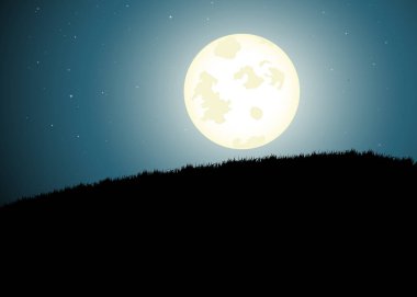 Yıldızlı gökyüzüne yükselen dolunayın vektör çizimi. Nesneler kolay düzenleme için gruplandırılır ve katmanlanır. Radyal gradyan kullanıldı, şeffaflık efekti yok.