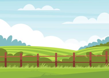 Tarlalar ve tepeler kırsal alan. Yeşil tepeli kırsal vadi, çiçekler mavi gökyüzü ve kıvrımlı bulutlar. Vektör doğa ufuk çayırlık görünümü izole arkaplan stok illüstrasyonu