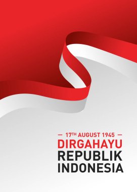 17 Ağustos 1945, Endonezya 'nın bağımsızlık günü kutlu olsun. Endonezya kutlaması için Dirgahayu republik yazan bir poster. Beyaz arkaplanda izole edilmiş Endonezya bayrakları.
