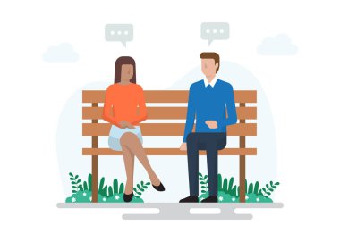 Genç çift parkta dinleniyor. Ahşap bankta oturan ve çizgi film vektör illüstrasyonundan bahseden çift..