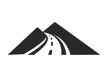 Dolambaçlı yolu olan siyah dağ zirveleri, beyaz arkaplanda basit bir grafik düz vektör çizimi.