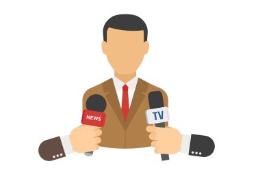 Televizyon mikrofonlu muhabirlerin hoparlörleri ve elleri. Son dakika haberleri, basın toplantısı, kitle iletişim araçları, gazetecilik, röportaj konsepti. Vektör illüstrasyon hisse çizimi