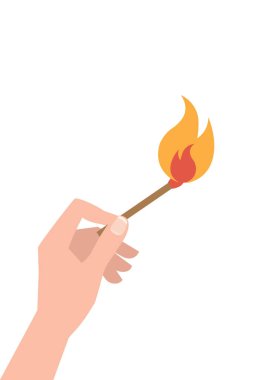 Beyaz arka planda stilize edilmiş bir alevle yanan bir kibriti tutan bir el. hisse illüstrasyonu